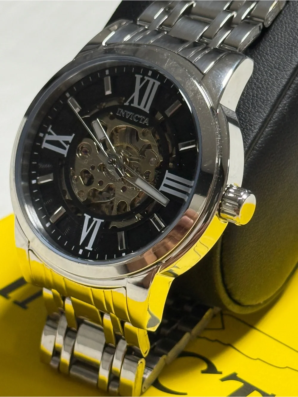 Invicta Silver Stainless Steel Men's Watch with Black Skeleton Dial